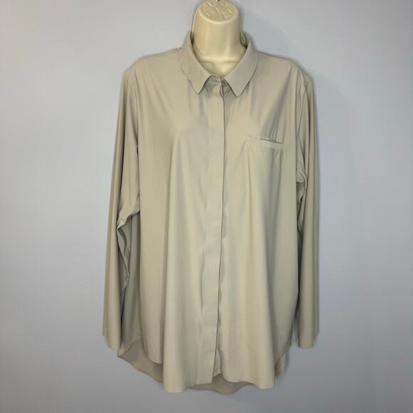 ATHLETA Urbanite Top Blouse Shirt Stretch Beige Commute Work Travel Sz XL - Picture 2 of 15
